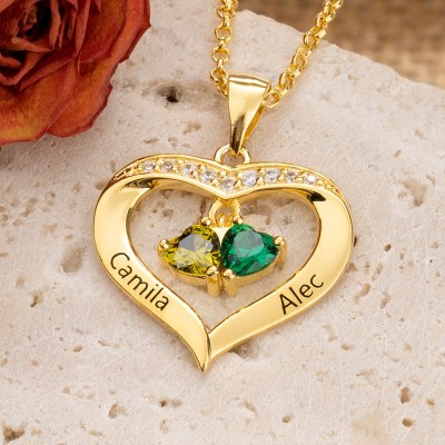 Personalized Heart Shape Necklace With 1-8 Birthstones with Name Engravings