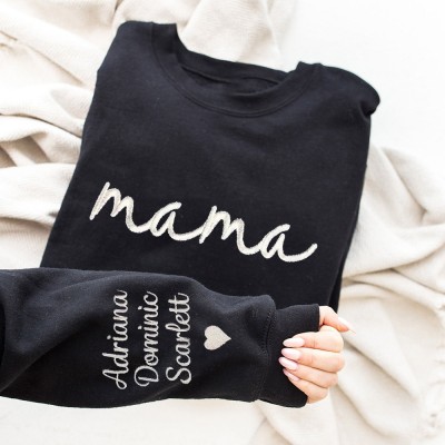 Personalized Mama Embroidered Sweatshirt Hoodie With Kids Names On Sleeve Unique Gift For New Mom Grandma