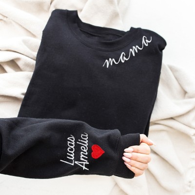 Custom Mama Embroidered Sweatshirt Hoodie with Names on Sleeve Mother's Day Gift Ideas