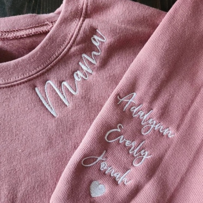 Personalized Neckline Embroidered Sweatshirt Hoodie with Names on Sleeve Mother's Day Gift Ideas