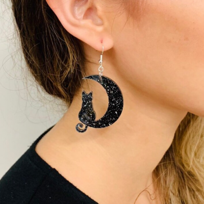 Halloween Black Glitter Cat on the Moon Earrings Cat Earrings