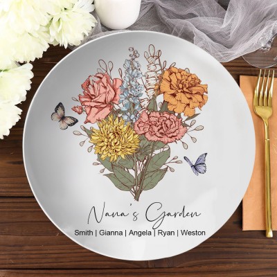 Personalized Garden Birth Month Flower Bouquet Platter With Kids Names New Mom Gift Gifts for Mom Grandma