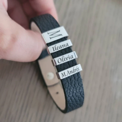 Personalized Leather Beads Mens Bracelet with Kids Name Father's Day Gifts