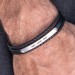 Stacked Black Leather Bracelets With Engraved Bar
